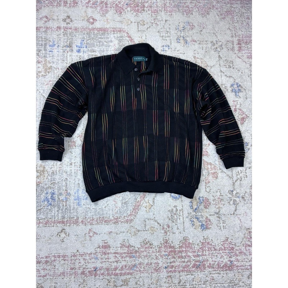 Vtg Tundra Canada 3D Knit Sweater Men's XXL  Black Multicolor 90's Biggie Cosby
